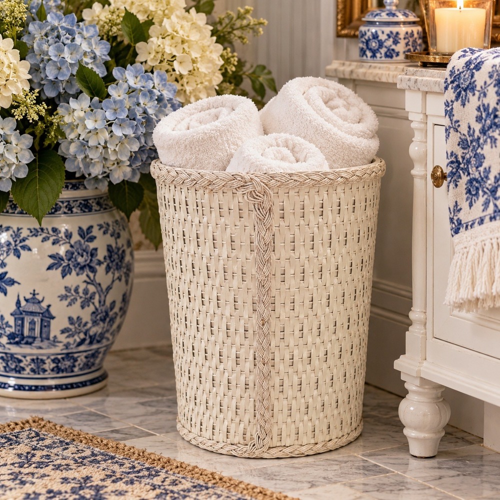 Vintage White Wicker Wastebasket Braided Rattan Cottage Bathroom Decor